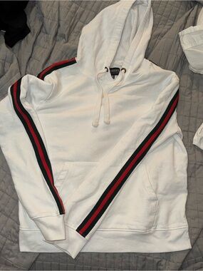 White Hoodie with green and Red Stripe Detail